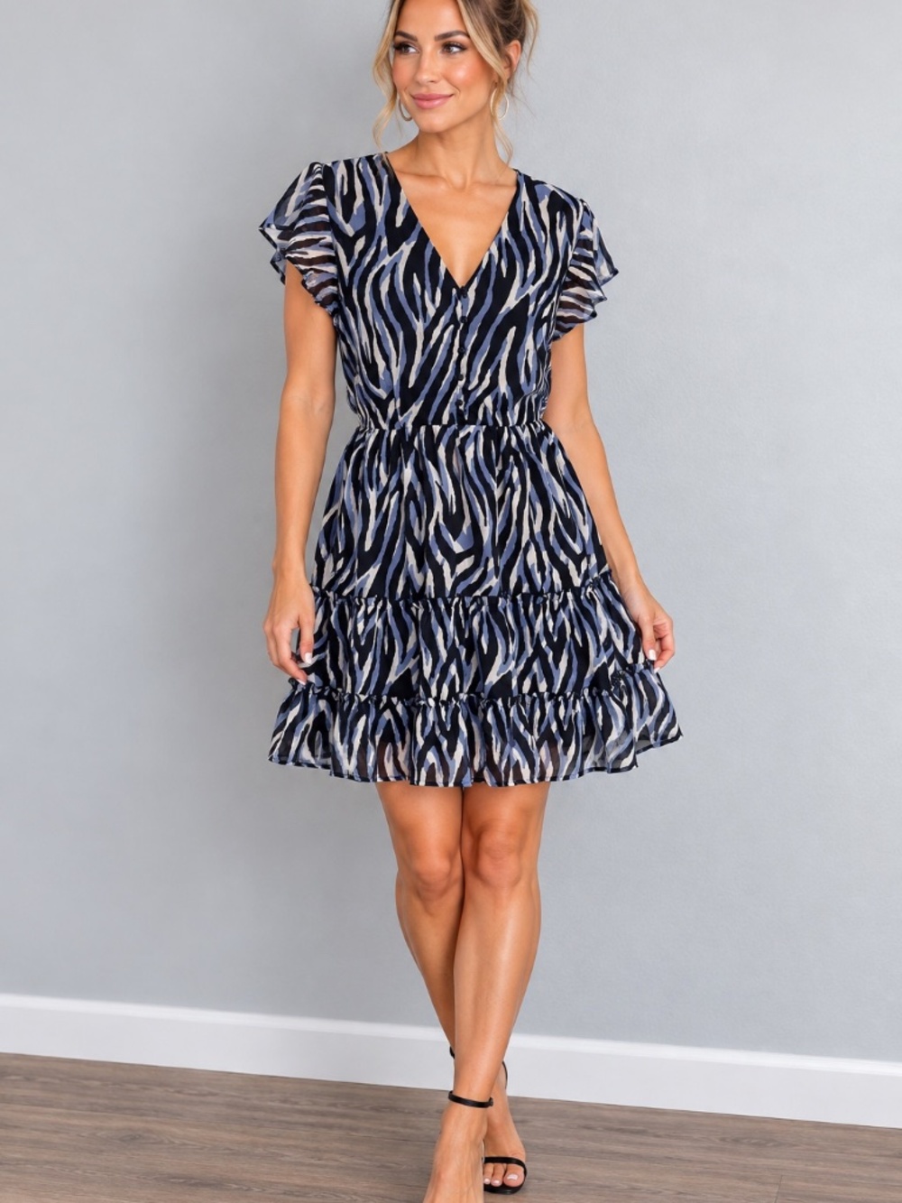 PIGALLE Zebra Animal Print Tiered Chiffon Mini Dress Flutter Sleeve Medium M